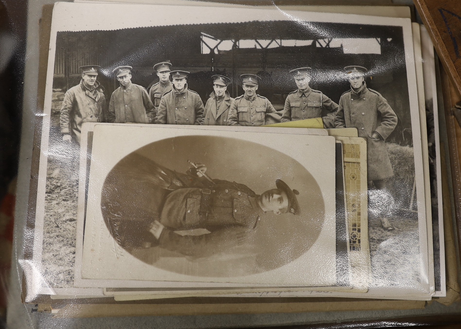 A WWI family medal group including trio awarded to 4872 PTE. A. D. BORROWMAN. A. & S. H., another medal 579 PTE. A. A . BORROWMAN. RIF. BRIG. A death plaque to ARTHUR ABRAHAM BORROWMAN, related photographs, caps, badges